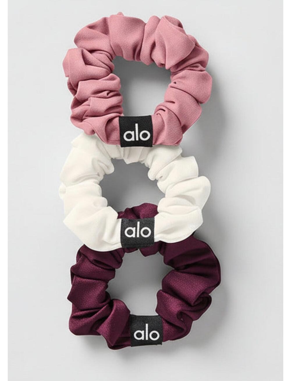 Alo Yoga Fresh Mini Scrunchie 3-Pack Burgundy Pink Wild Rose Ivory NWT